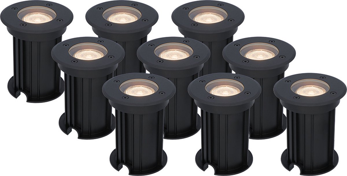 HOFTRONIC - Set van 9 Maisy LED Grondspot Zwart - 2700K Warm wit - Rond Aluminium - 5 Watt 400 Lumen - IP67 Waterdicht - 3 jaar garantie - Inbouwdiepte: 140mm, Inbouwdiameter: 103mm - Tuinspots, Padverlichting en Opritverlichting