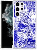 Shockproof Case Geschikt voor Samsung Galaxy S22 Ultra Smartphone hoesje met doorzichtige rand Angel Skull Blue