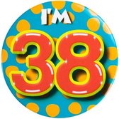 button I'm 38 staal 5,5 cm geel/blauw/rood/groen