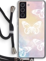 Case Company® - Samsung Galaxy S21 FE hoesje met Koord - White butterfly - Telefoonhoesje met Zwart Koord - Bescherming aan alle Kanten en Over de Schermrand