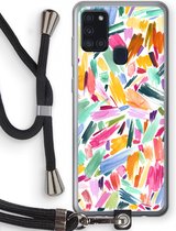 Case Company® - Samsung Galaxy A21s hoesje met Koord - Watercolor Brushstrokes - Telefoonhoesje met Zwart Koord - Bescherming aan alle Kanten en Over de Schermrand