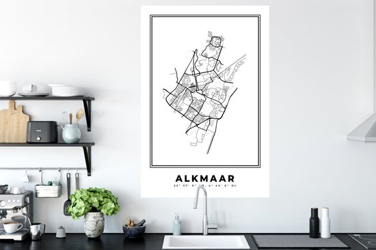 Stickers muraux - Plan de la ville - Zwart Wit - Carte - Alkmaar - Pays- Nederland - Carte - 80x120 cm - Feuille adhésive