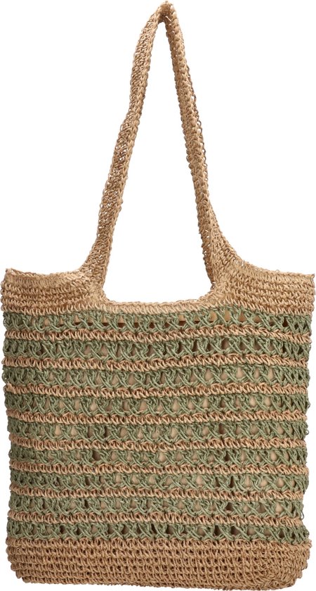 Bruine shopper met open weefpatroon en olijfgroene strepen.