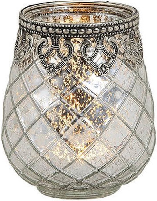 1x Waxinelichthouders/theelichthouders gerookt glas met metalen rand zilver 10 x 9 cm - Glazen kaarsenhouders - Woondecoraties