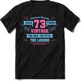 73 Jaar Legend - Feest kado T-Shirt Heren / Dames - Licht Blauw / Licht Roze - Perfect Verjaardag Cadeau Shirt - grappige Spreuken, Zinnen en Teksten. Maat M