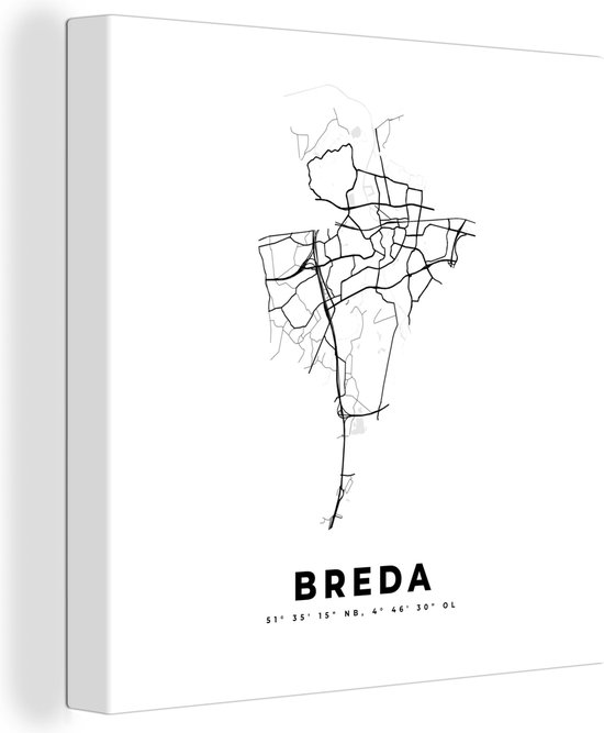 Canvas Schilderij Nederland – Breda – Stadskaart – Kaart – Zwart Wit – Plattegrond - 20x20 cm - Wanddecoratie