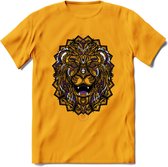 Leeuw - Dieren Mandala T-Shirt | Paars | Grappig Verjaardag Zentangle Dierenkop Cadeau Shirt | Dames - Heren - Unisex | Wildlife Tshirt Kleding Kado | - Geel - XXL