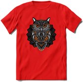 Uil - Dieren Mandala T-Shirt | Oranje | Grappig Verjaardag Zentangle Dierenkop Cadeau Shirt | Dames - Heren - Unisex | Wildlife Tshirt Kleding Kado | - Rood - M