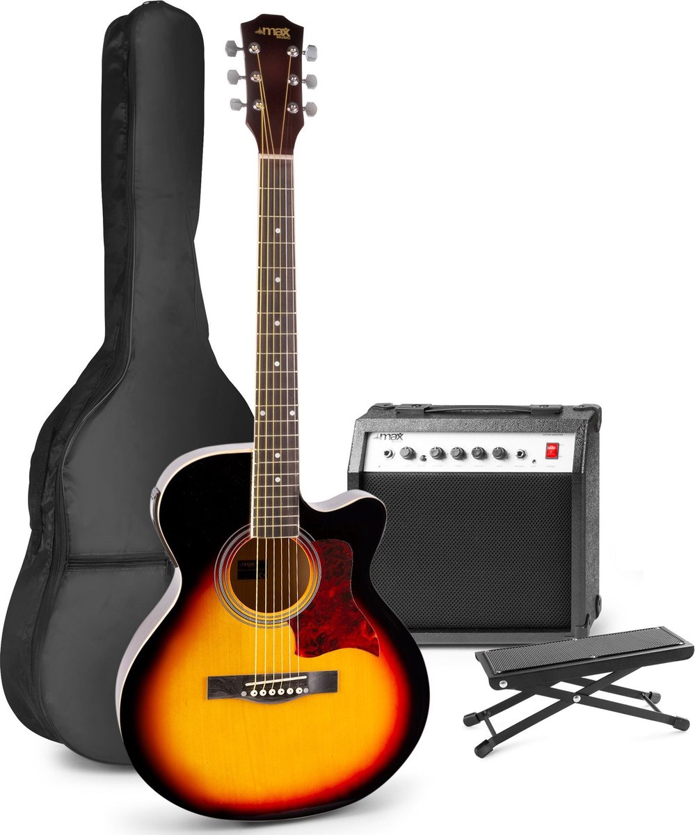Elektrisch akoestische gitaar - MAX ShowKit gitaarset met 40W gitaar versterker, gitaar voetenbankje, gitaar stemapparaat, gitaartas en plectrum - Sunburst