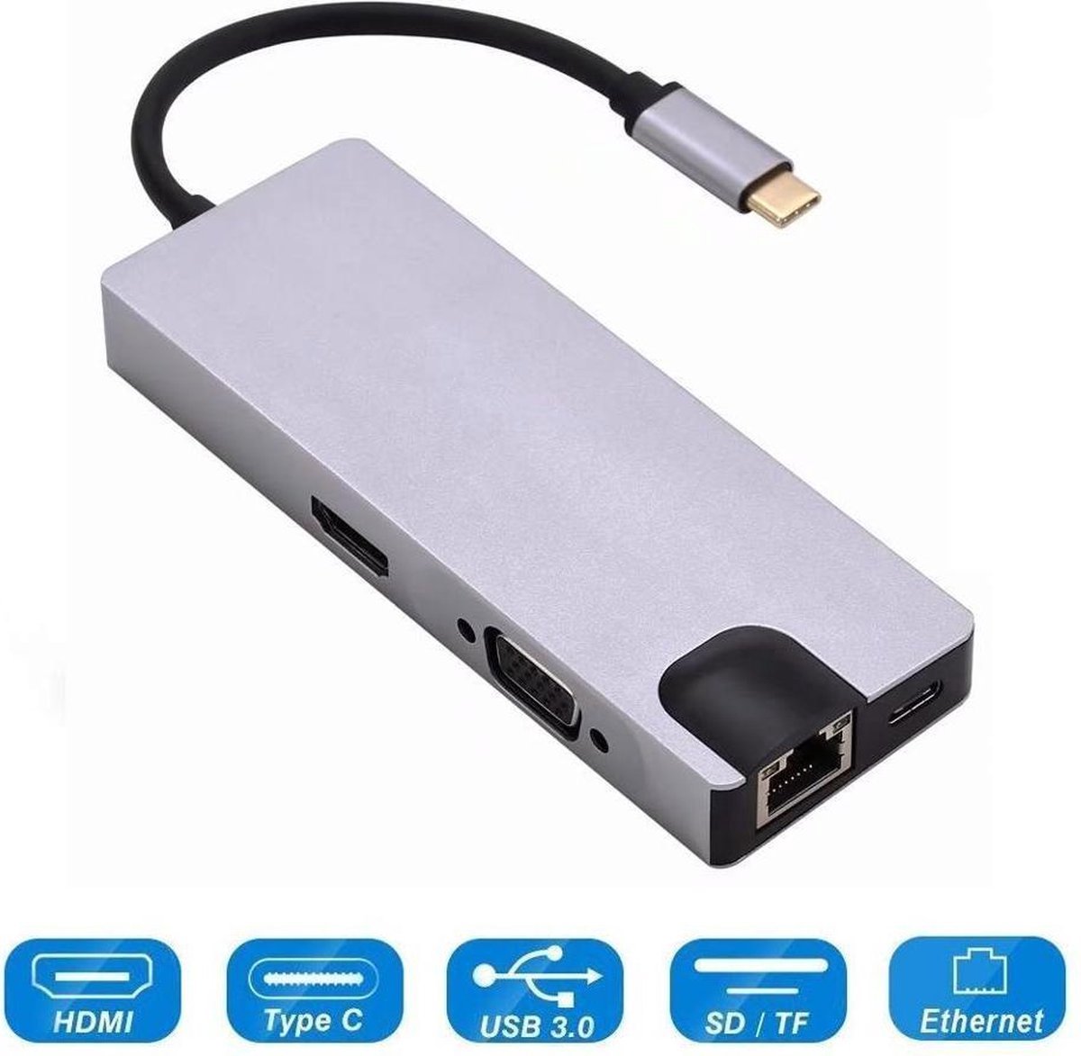 LuxeBass 8in1 USB-c naar 4K HDMI + 1000M LAN Gigabit Ethernet, SD / TF Kaartlezer, Type-C PD & USB 3.0 voor nieuwe Mac/Chromebook + VGA + SD / TF + PD + USB HUB, ondersteunt 4K HDMI 1080P VGA,