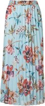 Dames plisse rok elastische tailleband vastzittende ceintuur gouden gesp -bloemenprint - lang  - lichtblauw | Maat S-M