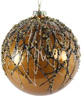 kerstbal Glory 8 cm glas caramel/zwart/goud