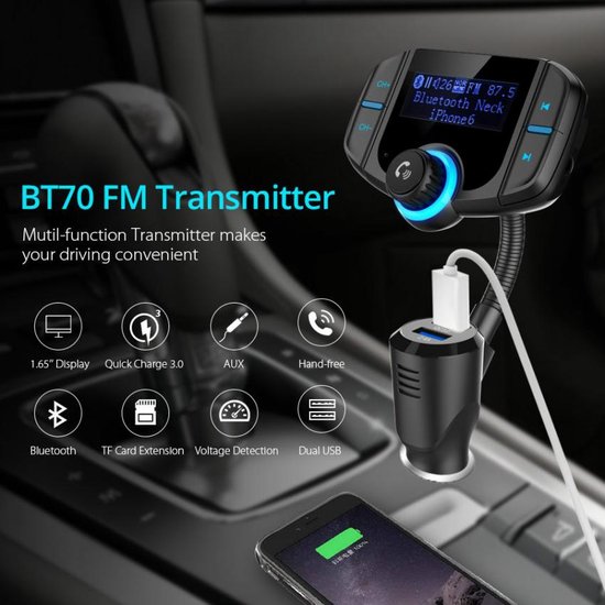 Zwarte BT70 FM-transmitter met 1.65" display, met iconen voor functies zoals Bluetooth, AUX en handsfree.