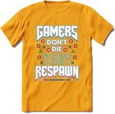 Gamers don't die T-shirt | Neon | Gaming kleding | Grappig game verjaardag cadeau shirt Heren – Dames – Unisex | - Geel - XXL