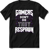 Gamers don't die T-shirt | Paars | Gaming kleding | Grappig game verjaardag cadeau shirt Heren – Dames – Unisex | - Zwart - 3XL