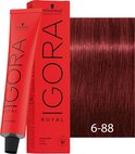Een rode kartonnen doos en tube IGORA ROYAL permanente kleuring, met een lok rood haar met nummer 6-88.