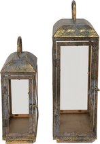 Clayre & Eef Lantaarns Set v 2 Set van 2  28*18*54 /24*14*40 cm Koperkleurig Ijzer, Glas Kaarsenhouder Sfeerverlichting
