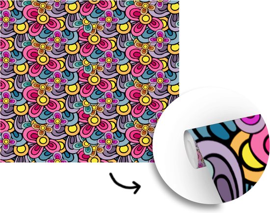 Behang - Fotobehang Patroon - Hippie - Bloemen - Paars - Breedte 220 cm x hoogte 220 cm