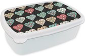 Broodtrommel Wit - Lunchbox - Brooddoos - Meisjes - Hart - Hartjes - Patronen - Girl - Kids - Kinderen - Meiden - 18x12x6 cm - Volwassenen