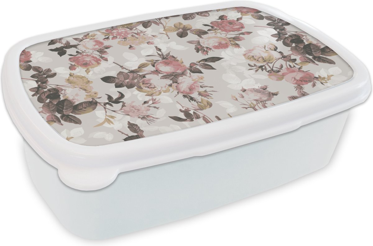 Broodtrommel Wit - Lunchbox - Brooddoos - Patroon - Bloem - Roze - 18x12x6 cm - Volwassenen