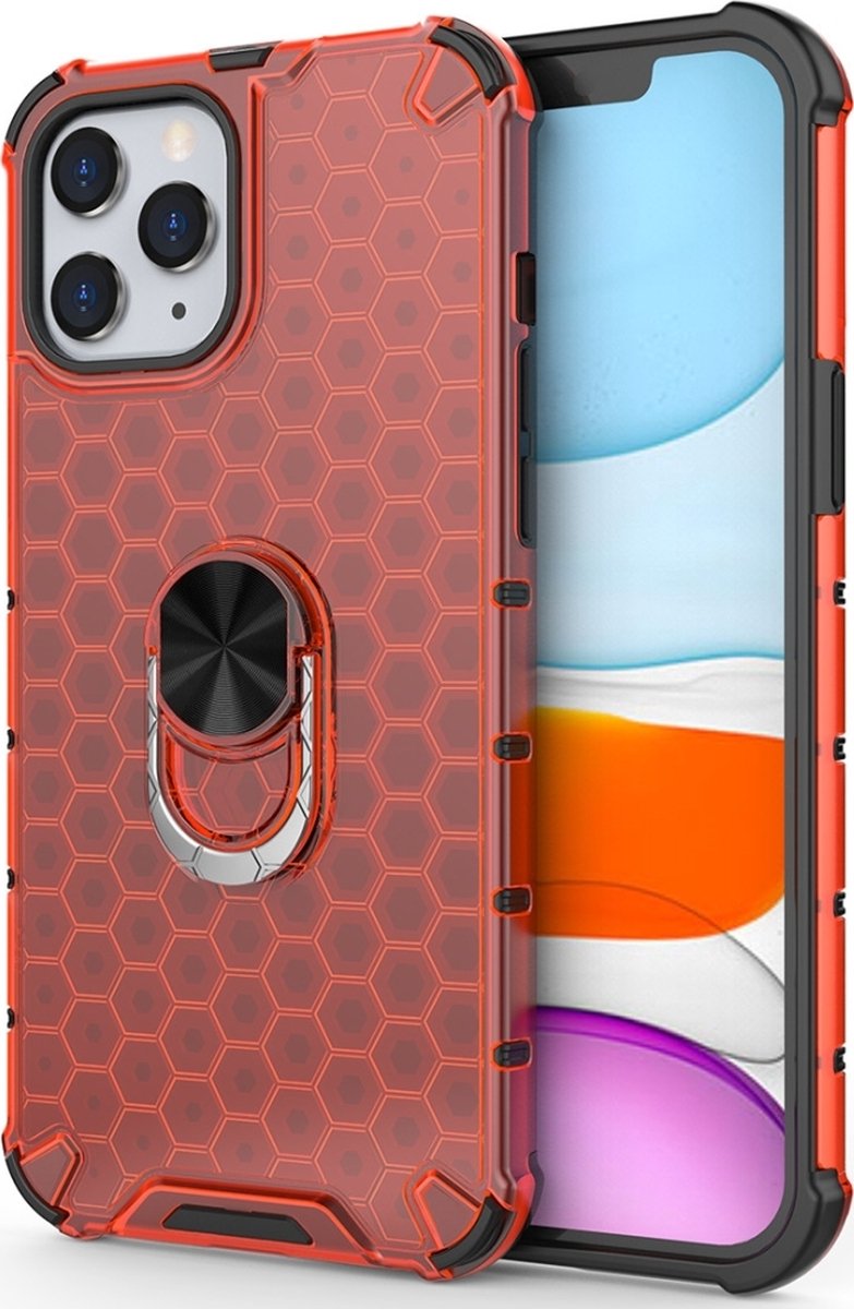 Mobigear Hoesje geschikt voor Apple iPhone 12 Pro Max Telefoonhoesje Hardcase | Mobigear Honeycomb Ring Backcover Shockproof met Ringhouder | Schokbestendig iPhone 12 Pro Max Telefoonhoesje | Anti Shock Proof - Rood