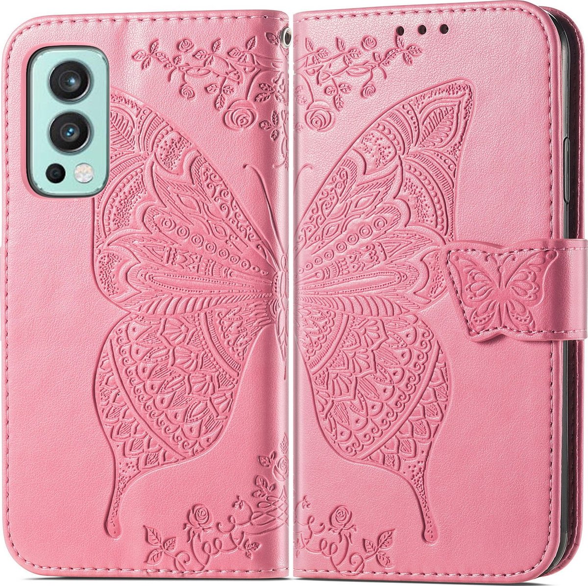 Mobigear Telefoonhoesje geschikt voor OnePlus Nord 2 Hoesje | Mobigear Butterfly Bookcase Portemonnee | Pasjeshouder voor 3 Pasjes | Telefoonhoesje voor Pinpas / OV Kaart / Rijbewijs - Roze