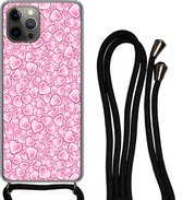 Hoesje met koord Geschikt voor iPhone 13 Pro - Meiden - Hartjes - Roze - Patronen - Girl - Kindje - Kinderen - Siliconen - Crossbody - Backcover met Koord - Telefoonhoesje met koord - Hoesje met touw