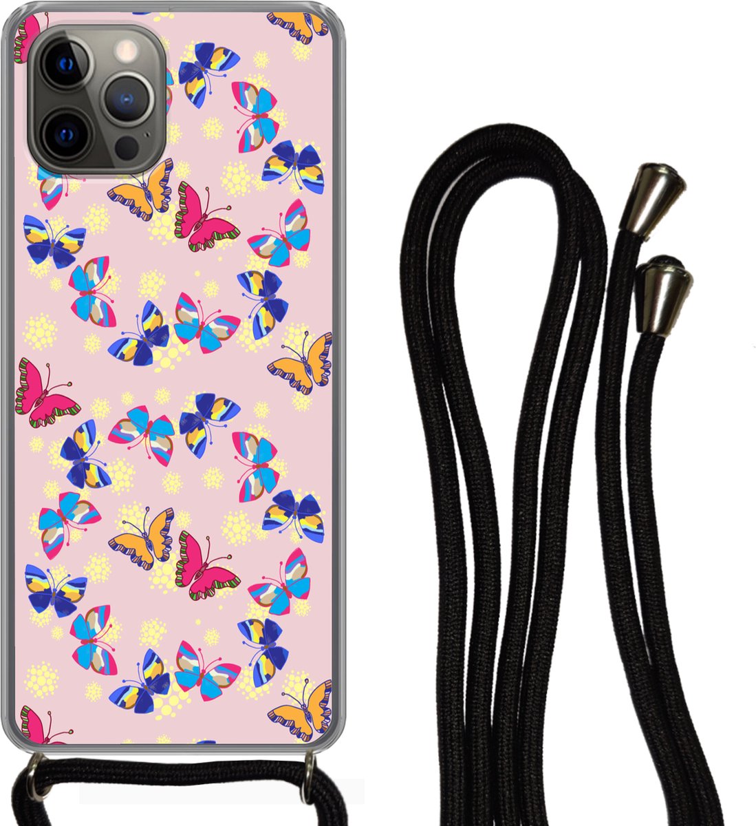 Telefoonhoesje Geschikt voor iPhone 13 Pro Max - Meisje - Vlinder - Insecten - Patronen - Girl - Kids - Kinderen - Siliconen - Crossbody - Backcover met Koord - Telefoonhoesje met koord - Hoesje met touw Telefoonhoesje