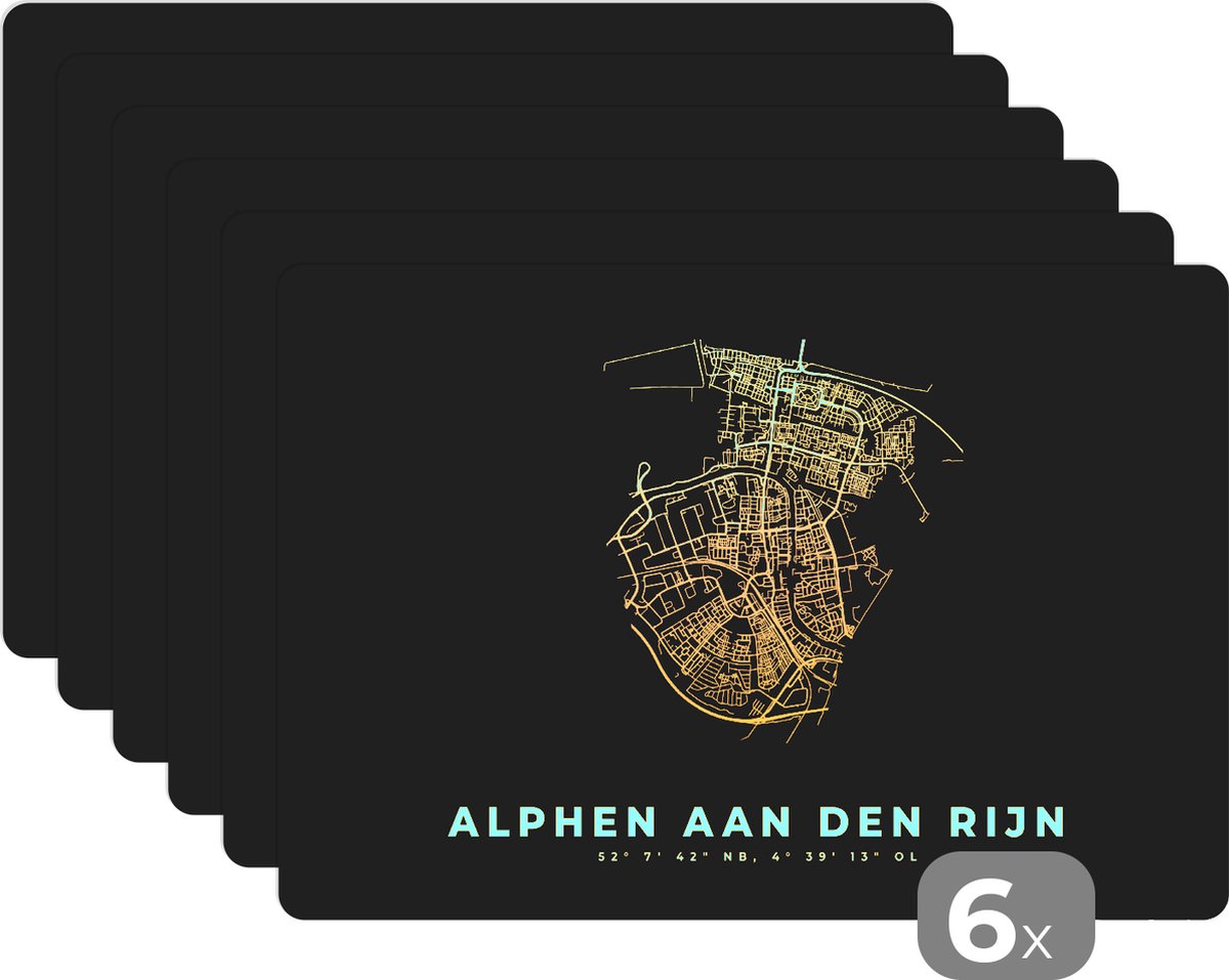 Placemat - Placemats kunststof - Plattegrond - Kaart - Stadskaart - Alphen aan den Rijn - 45x30 cm - 6 stuks - Hittebestendig - Anti-Slip - Onderlegger - Afneembaar