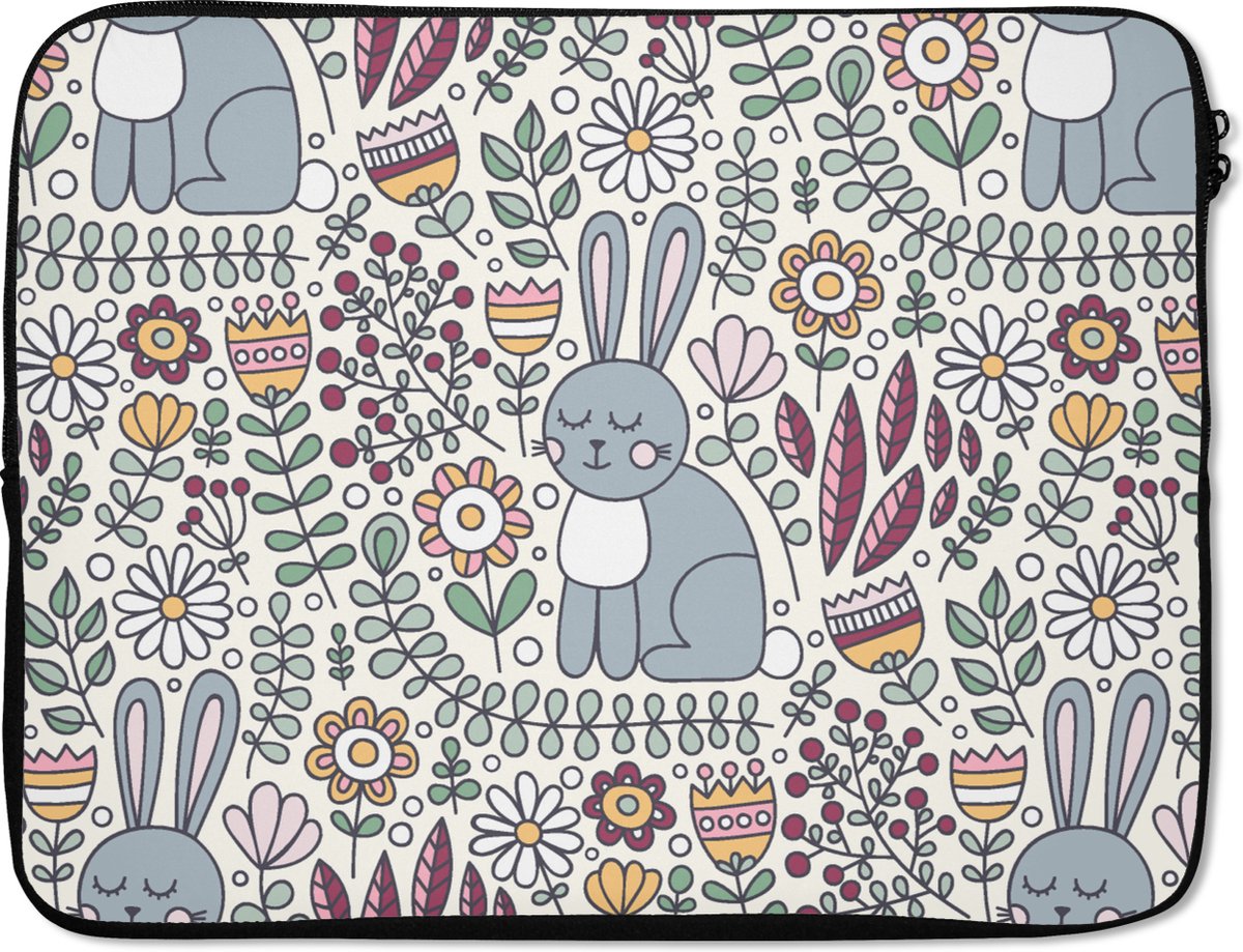 Laptophoes 15.6 inch - Konijn - Bloemen - regenboog - Kinderen - Design - Laptop sleeve - Binnenmaat 37x26 cm - Zwarte achterkant