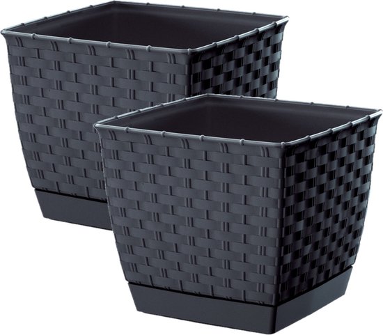 Set de 2x cache-pots/pots de fleurs rotin plastique 25 x 25 cm et hauteur 22 cm gris anthracite pour usage intérieur/extérieur
