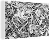 Canvas schilderij 150x100 cm - Wanddecoratie Zonnebloempitten met een hartvormige blik tussen de pitten - zwart wit - Muurdecoratie woonkamer - Slaapkamer decoratie - Kamer accessoires - Schilderijen