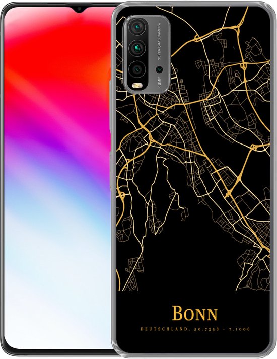 Coque de téléphone noire avec une impression de carte dorée de Bonn, Allemagne.