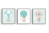 Poster Set 3 Panda Giraf Olifant in een Luchtballon - Kinderkamer - Dierenposter - Babykamer / Kinderposter - Babyshower Cadeau - Muurdecoratie - 80x60cm - Postercity