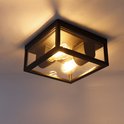 Zwarte vierkante buitenlamp met glazen wanden en zichtbare gloeilampen.