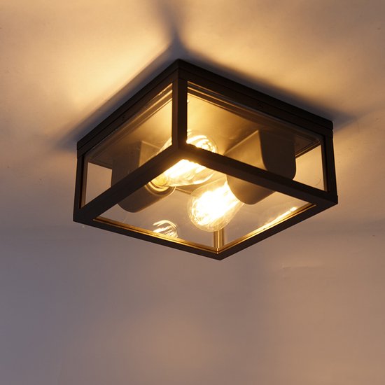 Zwarte vierkante buitenlamp met glazen wanden en zichtbare gloeilampen.