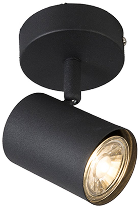 Spot de plafond cylindrique noir avec tête réglable, isolé sur fond blanc.