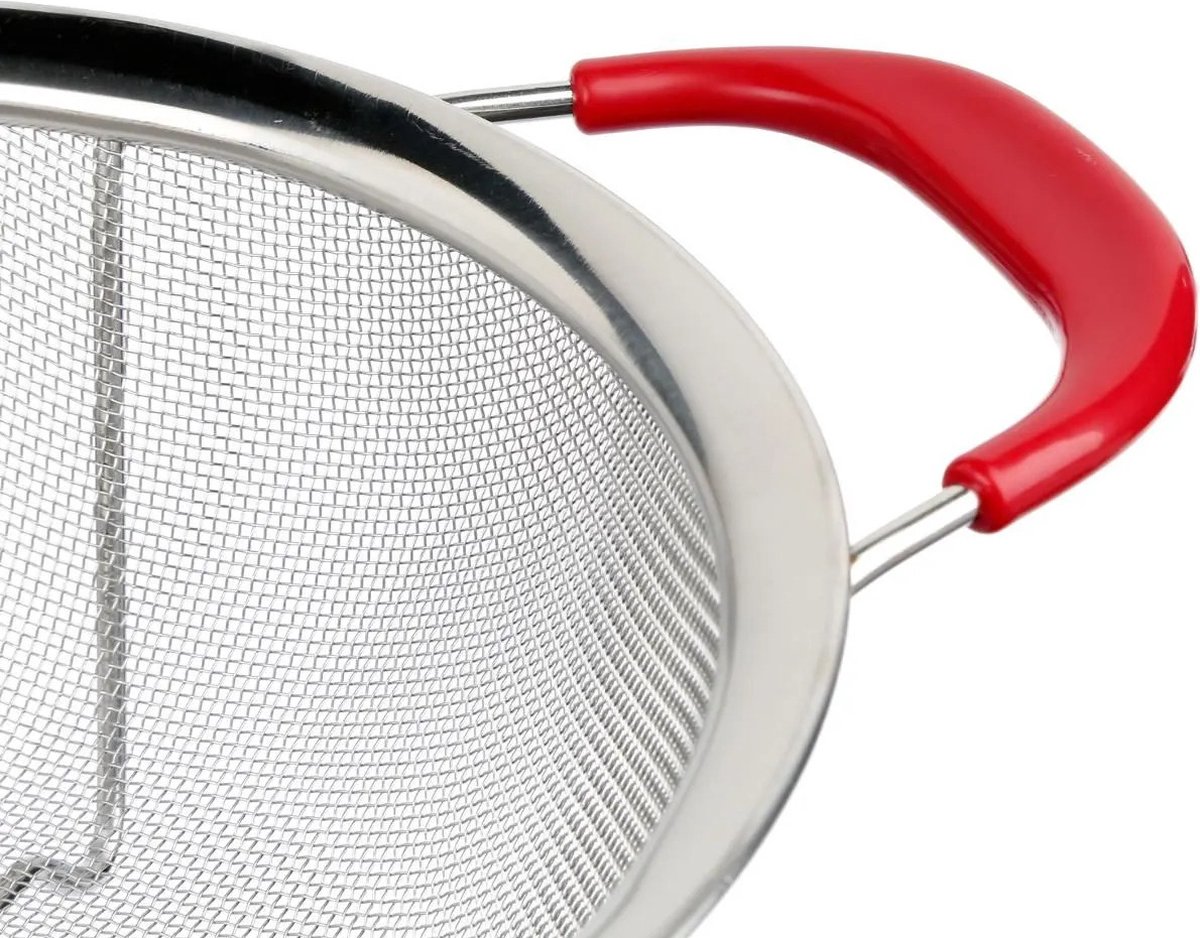 Vergiet/zeef met pootjes rood handvat 22,5 x 9 cm van RVS ...