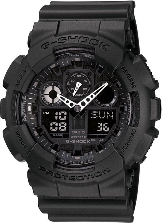 Zwarte G-Shock horloge met digitale en analoge wijzerplaat. Tekst 'PROTECTION' onderaan.