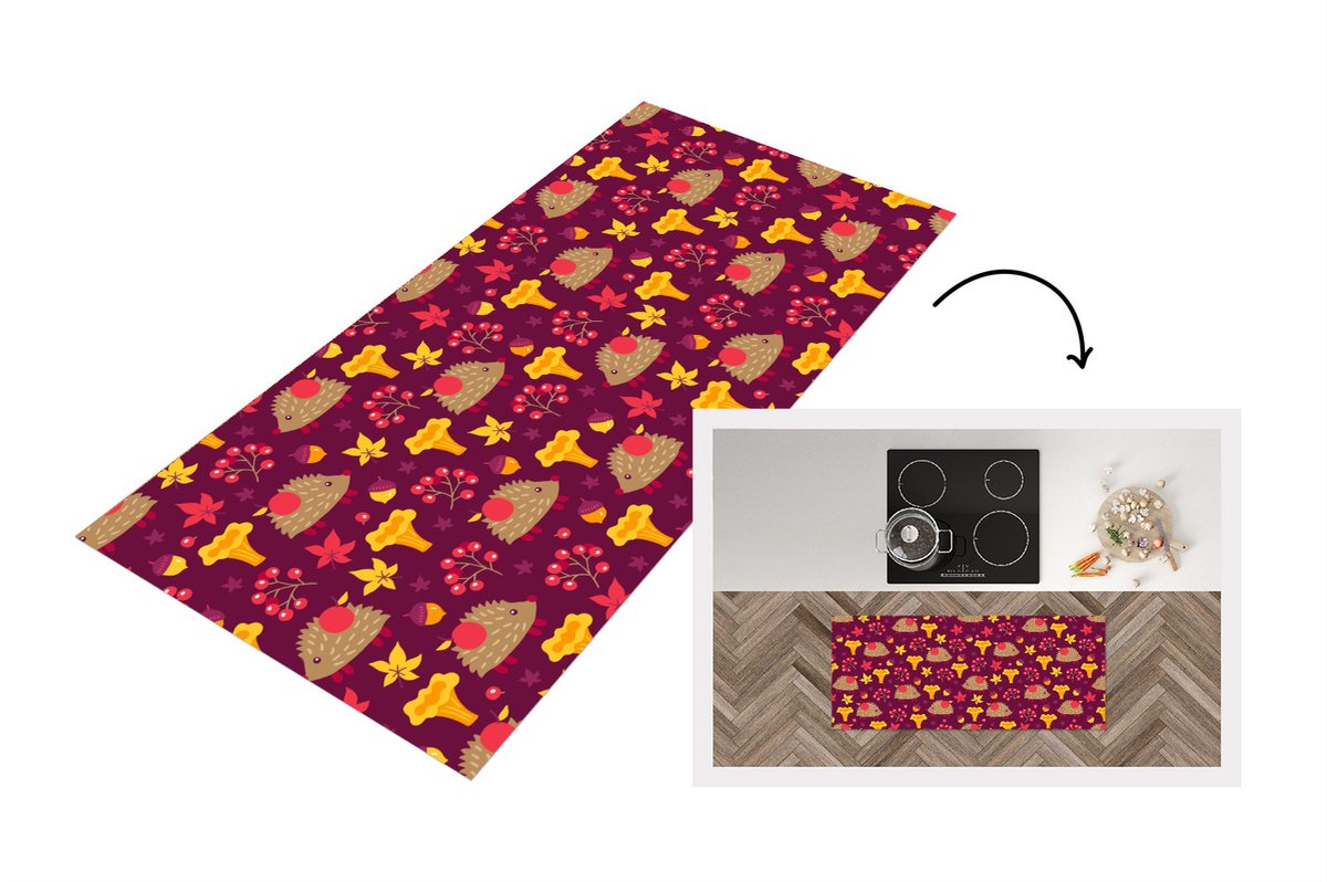 KitchenYeah Keukenloper - Loper keuken - Egel - Paddenstoel - Patronen - 120x50 cm - Keukenloper vinyl Multicolor