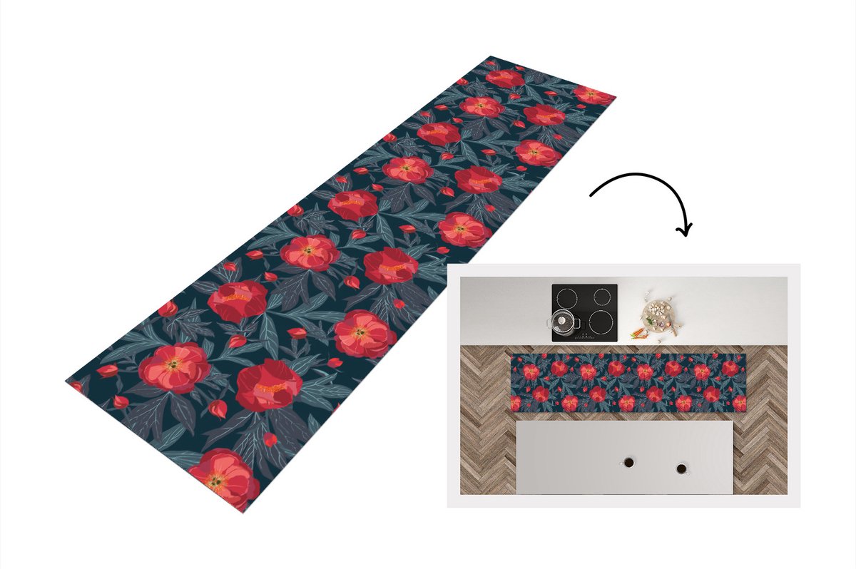 KitchenYeah Keukenloper - Loper keuken - Bloemen - Rood - Bladeren - Patronen - Keukenloper vinyl, foto 3