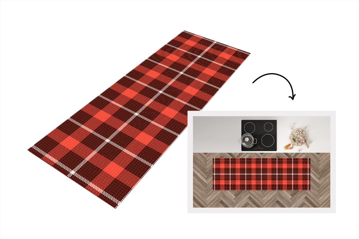 KitchenYeah Keukenloper - Loper keuken - Schotse ruit - Plaid - Rood - Patronen - 150x50 cm - Keukenloper vinyl Multicolor