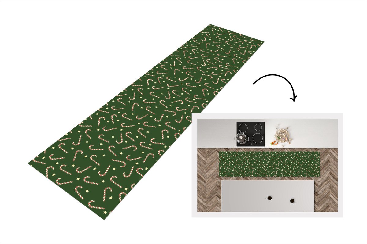 KitchenYeah Keukenloper - Loper keuken - Kerstmis - Patronen - Zuurstok - Sterren - 200x50 cm - Keukenloper vinyl Multicolor