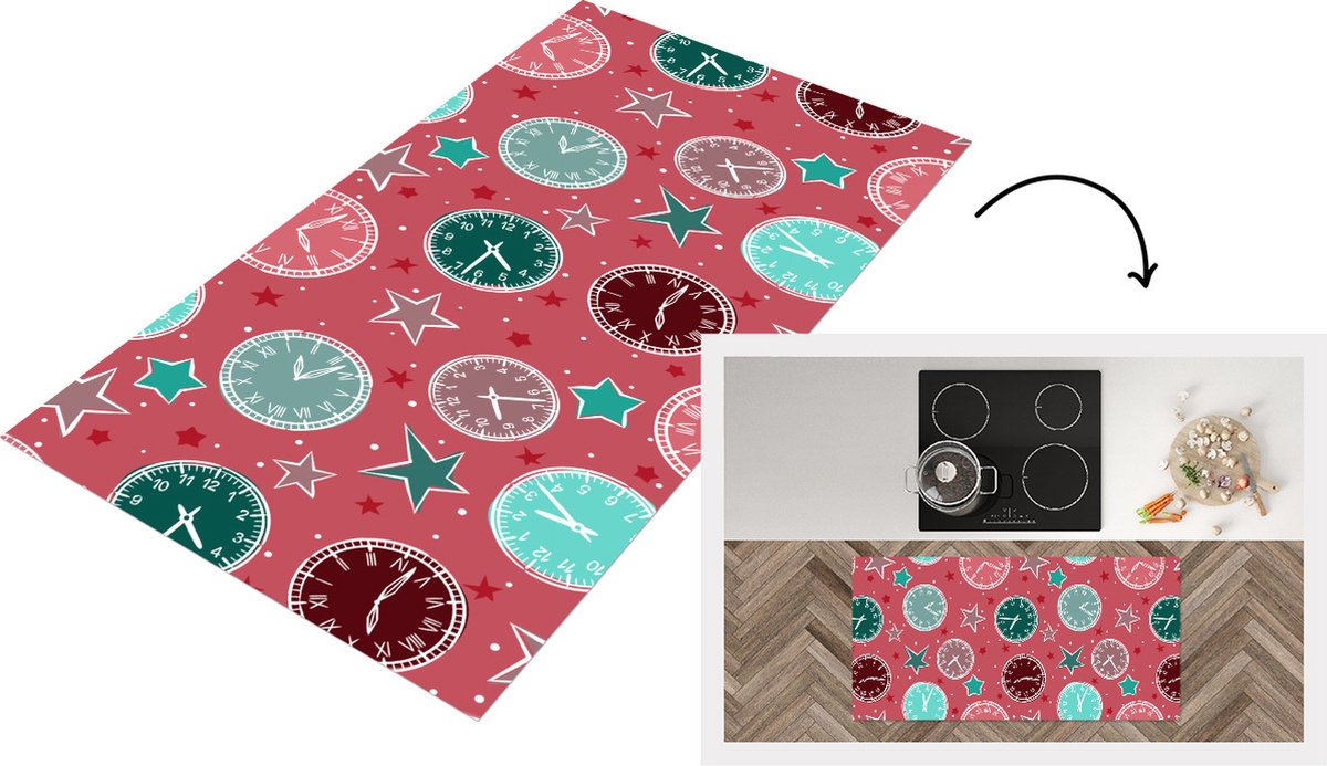 KitchenYeah Keukenloper - Loper keuken - Klok - Roze - Patronen - Sterren - 120x60 cm - Keukenloper vinyl Multicolor