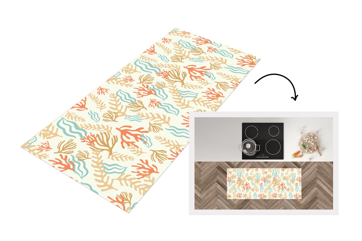 KitchenYeah Keukenloper - Loper keuken - Patronen - Strand - Zee - Waterplanten - 120x50 cm - Keukenloper vinyl Multicolor