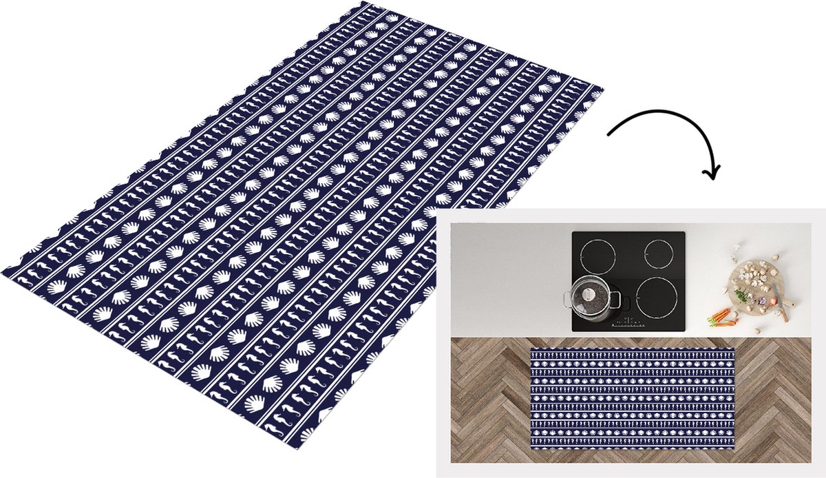 KitchenYeah Keukenloper - Loper keuken - Patronen - Zee - Schelpen - Zeepaardje - 120x60 cm - Keukenloper vinyl Multicolor