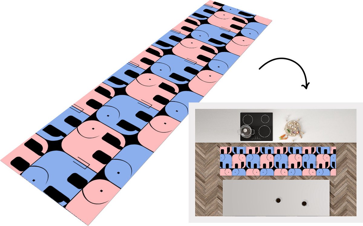 KitchenYeah Keukenloper - Loper keuken - Olifant - Lijn - Zwart - Patronen - 200x50 cm - Keukenloper vinyl Multicolor