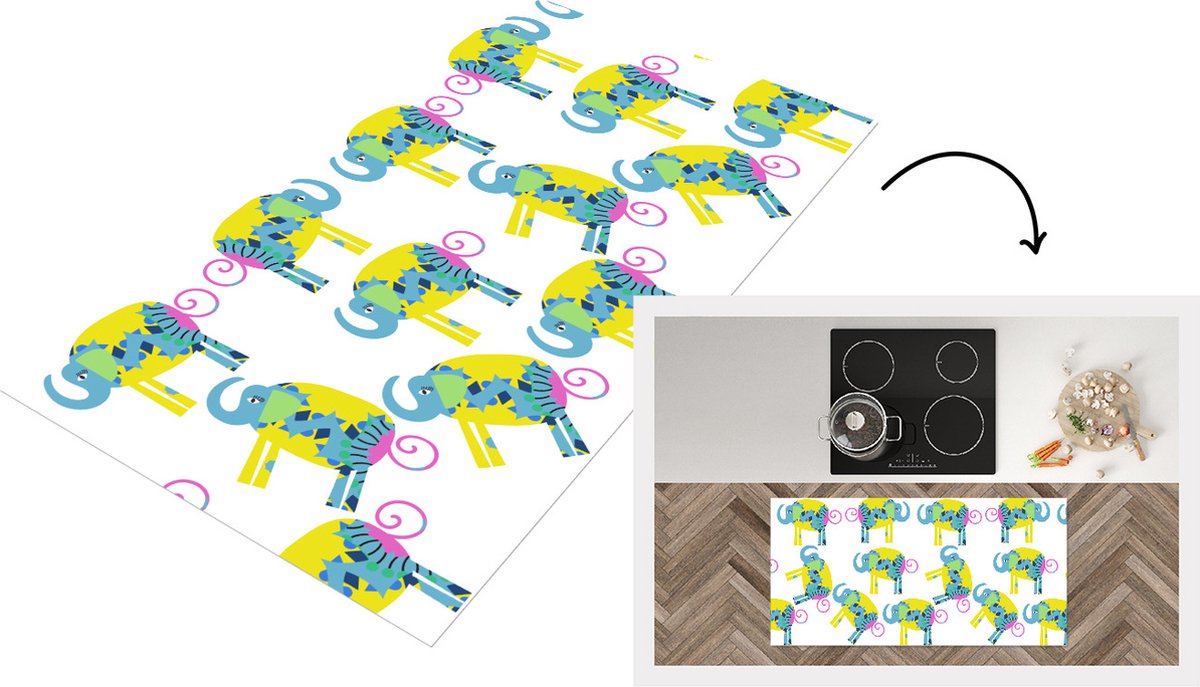 KitchenYeah Keukenloper - Loper keuken - Olifant - Geel - Ornament - Patronen - 120x60 cm - Keukenloper vinyl Multicolor