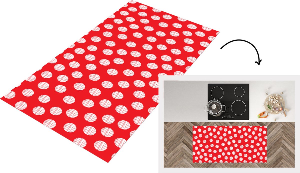 KitchenYeah Keukenloper - Loper keuken - Stippen - Polka dot - Patronen - Rood - Wit - 120x60 cm - Keukenloper vinyl Multicolor