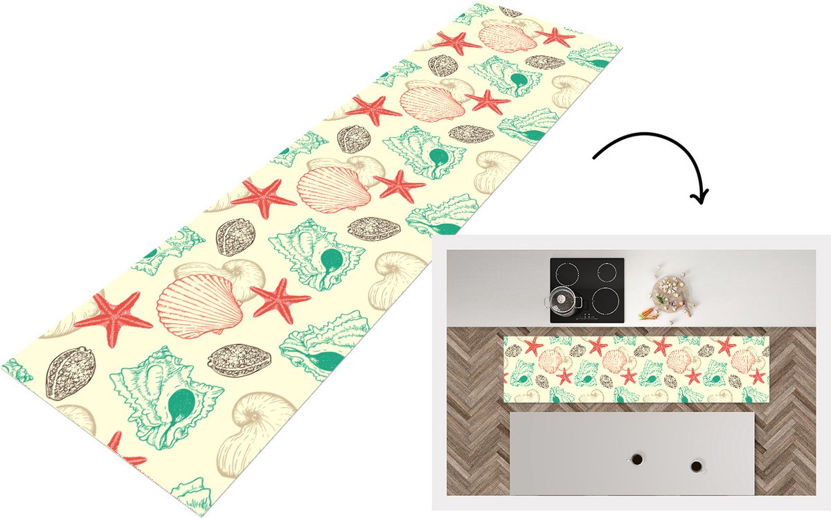 KitchenYeah Keukenloper - Loper keuken - Schelpen - Zeester - Strand - Vintage - Patroon - 240x60 cm - Keukenloper vinyl Multicolor